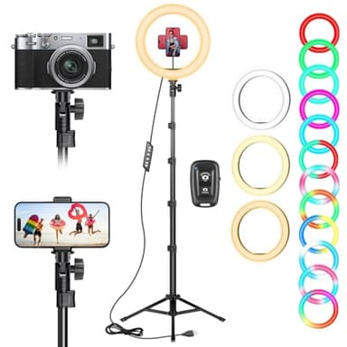 10 Zoll LED Ringlicht mit 61 Zoll Stativständer & Handyhalter, Dimmbare RGB Tischringlicht Handystativhalter mit Ringleuchte für YouTube, Videoaufnahmen, Selfie, Live-Stream, Makeup Fotografie