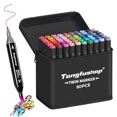 Tongfushop Filzstifte Marker Set, 60 Farben Alkohol Marker mit Feinspitze & Breitspitze, 2-Sekunden Schnelltrocknend, Alkohol Stifte mit Anti-Seepage Abstandshaltern für Malerei, Design