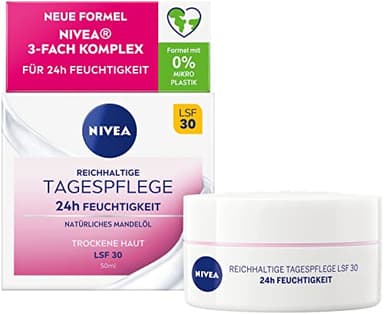 NIVEA Reichhaltige Tagespflege 24h Feuchtigkeit (50 ml), Gesichtscreme für trockene Haut mit LSF 30, feuchtigkeitsspendende Tagescreme mit natürlichem Mandelöl
