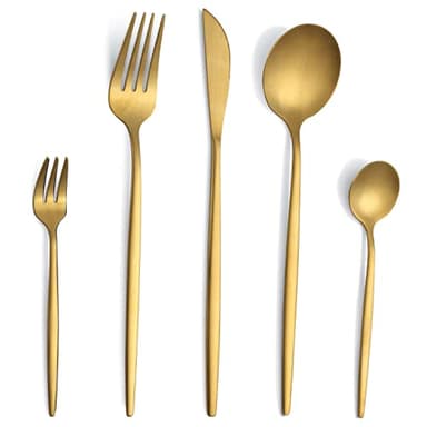 Gold Matt 30-teiliges Besteck Set für 6 Personen - Edelstahl, Goldenes Besteck mit Messer, Gabel, Löffel, Spülmaschinenfest