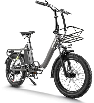 HANEVEAR H6-Light E Bike Klapprad, Elektrofahrräder mit Drehmomentsensor | 48V 14,5Ah Akku bis zu 120km+ | 55N.m 250W-Motor | 3.0'' Fat E-Bike, Off-Road Pedelec EBike Herren Damen (Grau Mit Frontkorb)