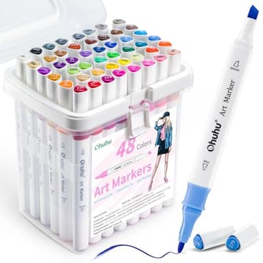 Ohuhu Alkohol Marker 48 Farben, Doppelspitzen(Fein & Meißel) Nahtloses Mischen Permanent Marker Stifte für Künstler Erwachsene Anfänger Mode Cartoon Animation Malerei Skizzieren Ausmalen Illustration