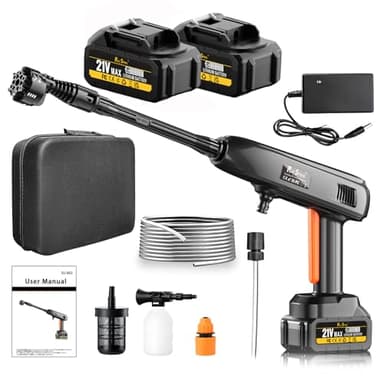 Akku Hochdruckreiniger, Hydro Blast 21V 775PSI 336l/h Druckreiniger mit 2×4.0Ah Akkus 6-In-1 Multifunktionale Drehbare Düse, Schaumsprüher, 5M Schlauch, für Autos,Terrasse,Fenste,Garten