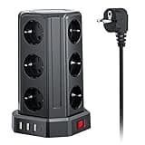 12 Fach Steckdosenleiste Steckerleiste 16A mit 5M Verlängerungskabel, 3 USB A und 1 USB C Mehrfachsteckdose mit Schalter Überspannungsschutz, Steckdosenturm Mehrfachstecker für Zuhause,Büro