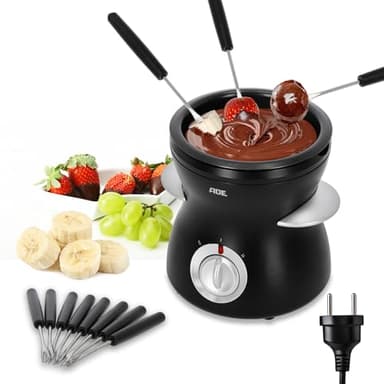 ADE elektrisches Schokofondue 500 ml mit 8 Spießen | Temperiergerät zum Schokolade & Kuvertüre Schmelzen | 2 Temperaturstufen | perfektes Valentinstags Geschenk | ideal für Schokobrunnen