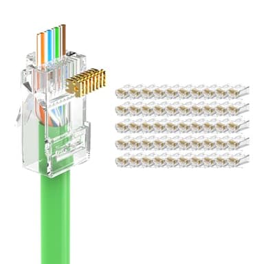 LEENUE 50 Stück RJ45 Stecker CAT6 Pass Through, Vergoldet CAT6 CAT5E Netzwerkstecker, 1 Gbit/s 250 MHz, UTP Lan Stecker für Cat 6 Cat5E Cat5 Verlegekabel, PoE unterstützen