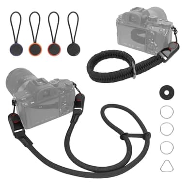 Hossom Kamera Handschlaufe und Schultergurt Kombi-Set mit Schnellverschluss-System – Kletterseil-Kameragurt und Ultra-Leicht Paracord-Band für SLR DSLR digitale oder spiegellose Kamera - Schwarz