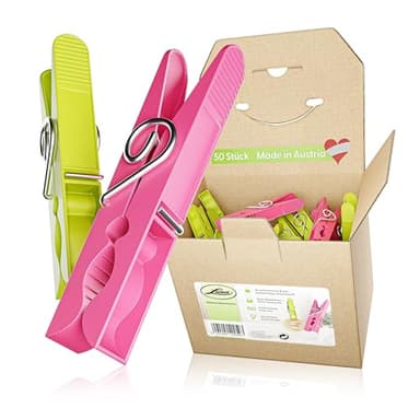 Luna® Wäscheklammern Plastik 50 Stück - Made in Austria - Wäscheklammer aus recycelten UV beständigen Kunststoff - Klammern ohne Abdruck - Clothespins - 100% Farbecht - Nachhaltig - Kluppen mit Box