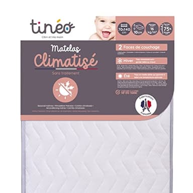 TINÉO – Klimaaktive matratze 70x140x10 cm – Babymatratze – klimatisiert – 1 Sommerseite – 1 Winterseite – unbehandelt – Dichte 20 kg/m3 – Made in France