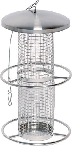 dobar® 10041 Vogelfuttersäule mit Edelstahlschlaufe - Futterstation für Wildvögel - Vogelfutterspender mit Netz für Nüsse -Futterspender aus Stahl für Garten/Terrasse/Balkon - Ø 14 cm x 26 cm - Silber