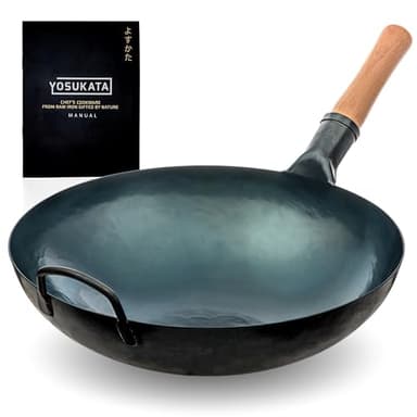 YOSUKATA Karbonstahl Woks & Wokpfannen (36 cm) -Voreingebrannter Wok Pfanne Carbonstahl Runder Boden - Traditionell Wok Für Gasherd - Kompatibel mit Gas, Offenem Feuer- Asiapfanne (blau)