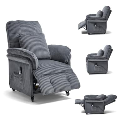 Asukale 2 Motoren Elektrischer Relaxsessel, Fernsehsessel mit Liegefunktion, TV Sessel Wohnzimmer mit Rollen, Verstellbarer Rückenlehne & Fußstütze, 2 Seitentaschen, Cord Couch, Dunkelgrau