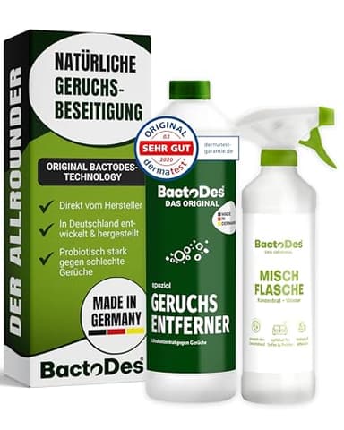 BactoDes Spezial Geruchsneutralisierer 1L I Enzymreiniger mit biologischer Mikrobenkraft & Tiefenwirkung inkl. Spray-Mischflasche I Effektiver Geruchsentferner für Haus, Auto & Textilien