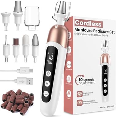 Maniküre/Pediküre Set, Nagelfräser, Kabellos Akku Elektrische Nagelfeile mit 6 Aufsätze zur Nagelpflege, Nagelfräser für Gelnägel mit 10 Geschwindigkeiten und LED Licht, Hände Fußpflege Fräser set