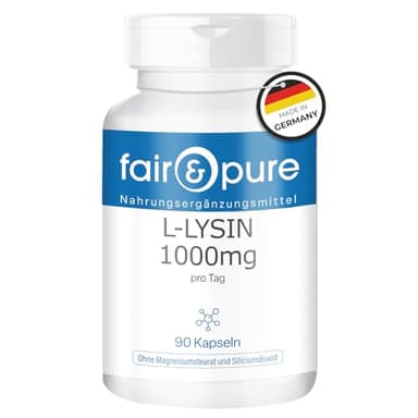 Fair & Pure L-Lysin 1000mg pro Tag, 90 Kapseln, essentielle Aminosäure, Nahrungsergänzungsmittel vegan ohne Magnesiumstearat, in Deutschland hergestellt