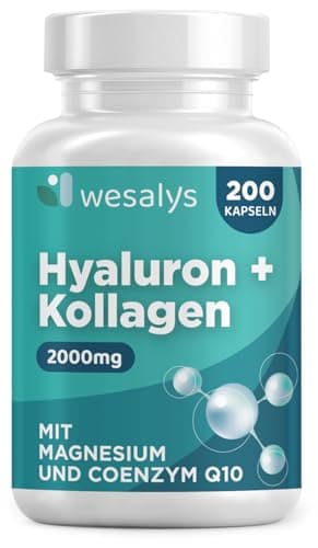 Hyaluron Kollagen Komplex - 200 Kapseln – 2000mg Collagen hochdosiert Angereichert mit Hyaluronsäure, Coenzym Q10, Zink, Vitamin C, Vitamin A, Vitamin E, Magnesium – Laborgeprüft