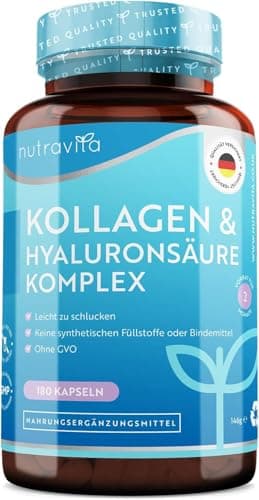 Hyaluronsäure Kollagen Hochdosiert Komplex - 180 Kapseln - Mit 7 zugesetzten Vitaminen - Biotin, Vitamin C & Selen und mehr - Laborgeprüft ohne Zusätze - In Deutschland Hergestellt von Nutravita