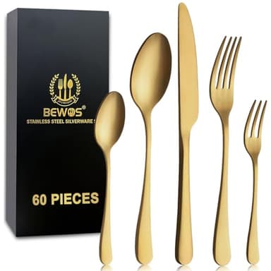 BEWOS Besteck Set für 12 Personen, 60 teilig Titanium Gold Essbesteck Set inkl. Messer, Gabel, Löffel, Besteck Edelstahl, Spülmaschinenfest (Matt Gold)
