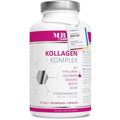Kollagen Hyaluronsäure Komplex - 1000 mg mit dem Superfood Gojibeere und Grüntee - 180 Kapseln vom Weiderind. Premium Kollagen Hydrolysat mit Biotin, Selen, Zink, C, B2 und B3 - MB Cosmetics