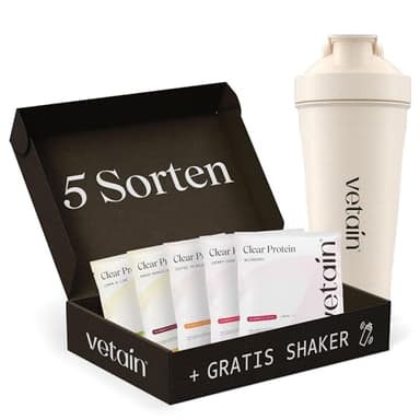 VETAIN Clear Protein Vegan Probenpaket + GRATIS Shaker - 5 x 30g - 22g Protein & 98 kcal pro Portion - ohne Allergenen & Sucralose - erfrischend & leicht löslich - produziert in Deutschland