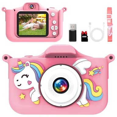 GlowPlayX Kinderkamera 1080P mit 32GB & Spielen – Digitalkamera für Kinder ab 3 Jahren, Selfie Kamera mit Einhorn Silikonhülle, USB-Ladefunktion, Musik & Spiele – Geschenk für Jungen & Mädchen