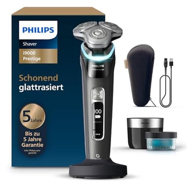 Philips Rasierer i9000 Prestige, Nass- und Trockenrasierer für Männer mit integriertem Trimmer, schwarz, Drucksensor, Reinigungsstation, Ladestation und Reiseetui (Modell XP9207/30)