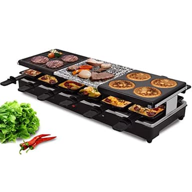 Syntrox Germany Raclette-Grill Oberwil für 12 Personen, 3-in-1 mit heißem Stein, Grillplatte & Pancakeplatte, 12 Pfännchen, 1350 W, antihaftbeschichtet