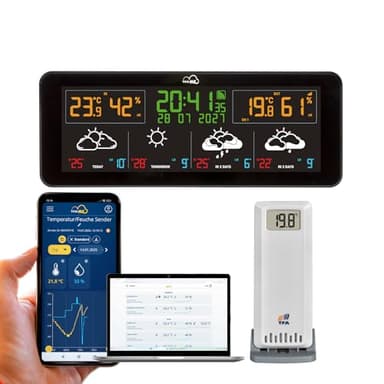 TFA Dostmann WLAN Funk Wetterstation TFA.me ID-07, 35.8107.01, Profi-Wettervorhersage durch wetter.com 4 Tage, Online-Portal, Außensensor, ideal für Büro, Max-Min-Werte, Warnfunktion, schwarz