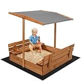 Sandkasten Holz 120x120 cm mit klappbaren Sitzbänken & Rückenlehnen – Outdoor Kindersandkiste mit Abdeckplane & Bodenvlies – Wetterfest & sicher – SPRINGOS
