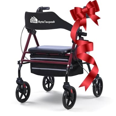 ByteTecpeak R4 Rollator faltbar und leicht mit Sitz, Rollatoren schmal für Wohnung, Rollatoren für Senioren klappbar mit 20 cm Reifen für All-Terrain, Sitz- und Griffhöhe verstellbar