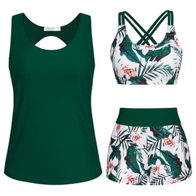 JASAMBAC 3-Teiliger Badeanzüge für Mädchen Tankini Damen Bauchweg, Push-Up-Bikinioberteil Und High Waist Badeshorts, Einfache Badebekleidung, Sport-Bikini Badeanzug, Bademode für Schwimmbad, Strand
