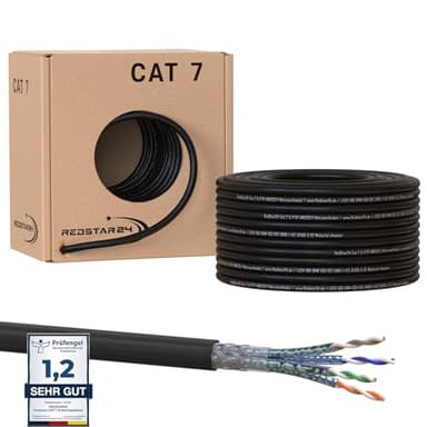 RedStar24 50m Cat7 Erdkabel Verlegekabel Outdoor Lan Kabel Installationskabel Schwarz AWG23/1 CAT 7 S/FTP Ethernet Netzwerk 1000MHz geschirmtes Datenkabel Netzwerkkabel für Außenbereich UV-beständig