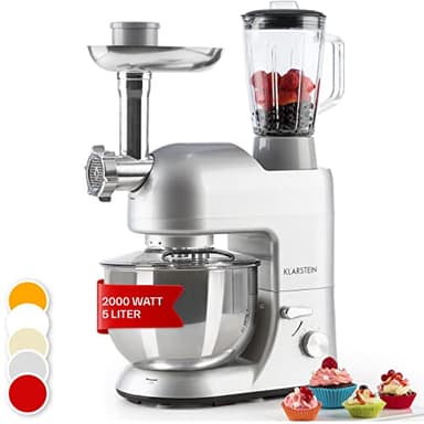 Klarstein Knetmaschine Küchenmaschine mit Fleischwolf, 1800W Teigmaschine Klein, 6 Stufen, Schneebesen Rühr- & Knethaken, Planetenrührwerk, Rührmaschine mit Mixer