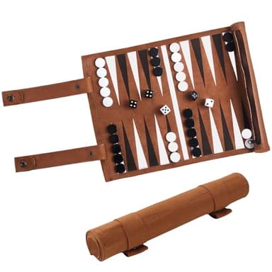 SGIOO Backgammon Reise Spiel Set aus 100% Leder, Mikrofaser Rollbares Backgammon mit Schachfiguren, Würfeln und Brett für Reisen, Camping und Ausgehen(35.5 * 26cm)