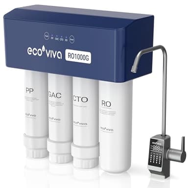 Ecoviva RO1000G Untertisch Osmoseanlage Umkehrosmoseanlage Trinkwasser mit Alkalisierung Wasser, Hoher Durchfluss, 3:1 Abwasser, NSF/ANSI 58 Standard, mit LED-Armatur, Langlebig Filterkartusche