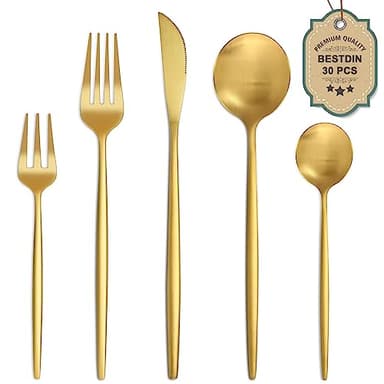 Bestdin Besteck Set 6 Personen, 30 teilig Edelstahl Besteckset Gold Matt, Essbesteck Set mit Messer Gabel Löffel, Hochwertiges Edelstahlbesteck, Spülmaschinenfest.