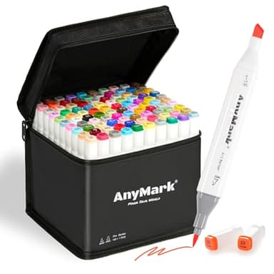 AnyMark Alkohol Marker Pinselspitze, 100 Farben, Doppelspitze mit Brush und Meißel, alkoholbasierte Marker Set mit Etui für Künstler, Zeichnen, Färben