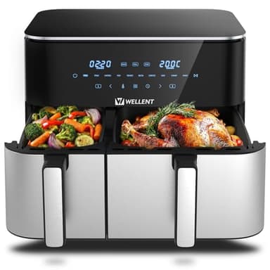 Heißluftfritteuse 2 Kammern, 2600W 11L Airfryer XXL(4+7L) WELLENT 10-in-1 Heissluftfritteuse Doppelkammer Air fryer Dual Zone mit Touchscreen, Match & Synchronisierungsfunktion, spülmaschinenfest