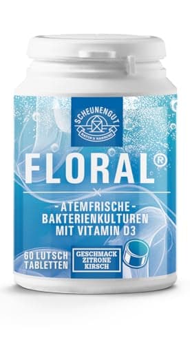 FLORAL® Anti Mundgeruch Lutschtabletten -WICHTIG: Frischer Atem -Langfrist-Wirkung- Laborgeprüft mit Vitamin D3 und Lactobacillus salivarius -einfache Mundhygiene- DE SCHEUNENGUT®