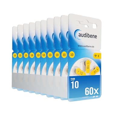 audibene Hörgerätebatterien Typ 10 gelb, Batterien für Hörgeräte 60 Stück Vorratspack, Made in Germany, inkl. GRATIS Reinigungstuch, Wireless Approved, quecksilberfrei