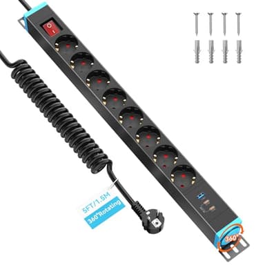 Sewingvr 8-Fach Steckdosenleiste mit Überspannungsschutz & USB (2× USB-C PD 20W, 1× USB-A), 360° drehbare Mehrfachsteckdose zur Wandmontage, 1,5 m Spiralkabel, 16A/4000W, Schwarz