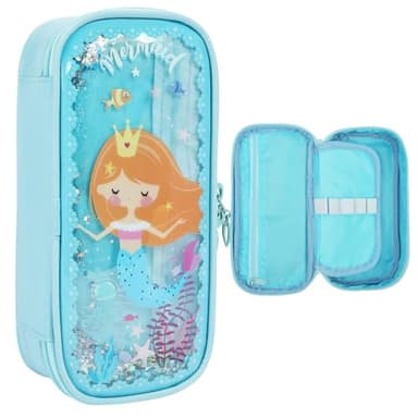 OFFCUP Federmäppchen mit 3 Fächer wasserdichte Mäppchen Etui Stifte mit Quicksand für Schule Büro Große Kapazität Pencil Case Reißverschluss für Kinder Teenager Mädchen Erwachsene -Meerjungfrau