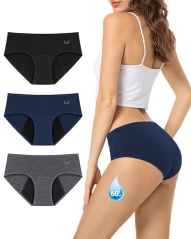 Menstruationsunterwäsche Damen & Mädchen Periodenunterschwäsche Starke Blutung 60ML Auslaufsicher Periodenslip Waschbare Perioden Bikini Unterwäsche Unterhosen Baumwolle, 3er Pack Schwarz/Navy/Grau L