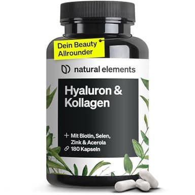 natural elements Hyaluronsäure Kollagen Komplex - 180 Kapseln - Angereichert mit Biotin, Selen, Zink, Vitamin C aus Acerola & Bambusextrakt - Laborgeprüft