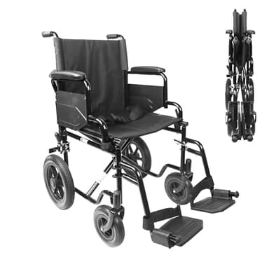 Rollstuhl Faltbar Leicht (Stahlkonstruktion 15 kg), Klappbare Armlehnen und Fußstützen, Pannensicherer Reifen