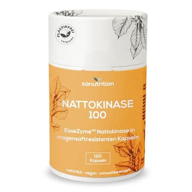 Sanutrition® Nattokinase | 120 magensaftresistente Kapseln à 100 mg pro Kapsel (20.000 FU/g) | Direktversand aus Kühllager | Natto aus GMO-freien Soja
