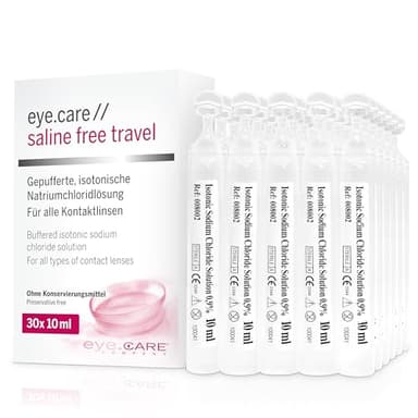 Eye.care Saline Free Travelpack für Kontaktlinsen – pH neutrale Kochsalzlösung ohne Konservierungsstoffe – Kontaktlinsenflüssigkeit für harte und weiche Kontaktlinsen bei empfindlichen Augen 30 x 10ml