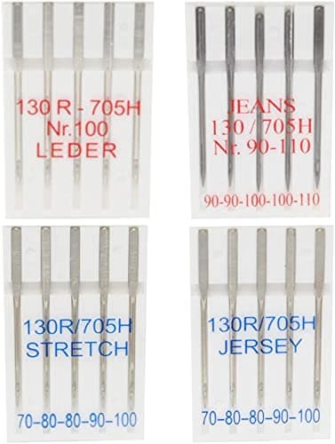 20 Nähmaschinennadeln mit Flachkolben mit je 5 Nadeln für Jeans, Leder, Jersey und Stretch