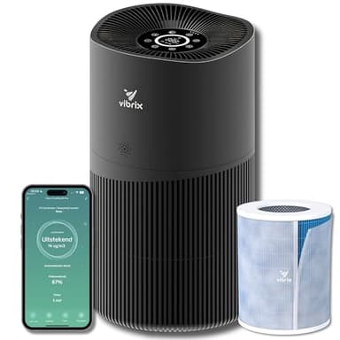 Vibrix PureFlow70 Pro Luftreiniger mit HEPA H14 Filter - APP-Steuerung Ionisator ohne Ozon, Leiser Schlafmodus Luftreiniger für Raucherzimmer Entfernt 99,999% Feinstaub, Ideal für Räume bis 150 m²
