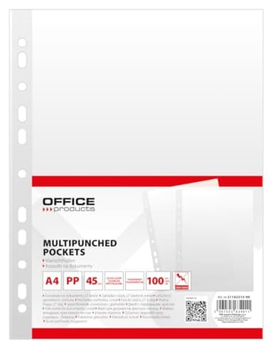 OFFICE PRODUCTS Prospekthüllen / 100 Stück/Din A4/ Glasklar Oben Offen Klarsichthüllen Sicht-Hüllen Gelochte Plastikhülle für Dokumente Papiere Akten Ordner/PP/Transparent 45 Mikron Dokumentenhülle
